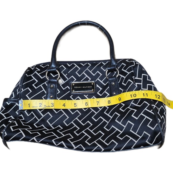 Tommy Hilfiger Satchel Handbag Purse Black White Geometric Print Faux Leather - Picture 6 of 12